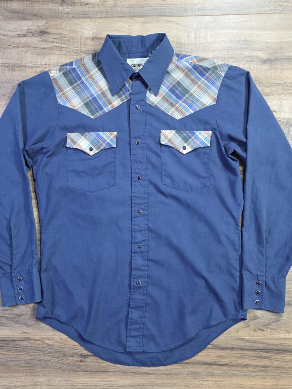 Campus Vintage 70s Plaid Accent Western Pearl Snap Shirt Blue Size 15.5 Women's